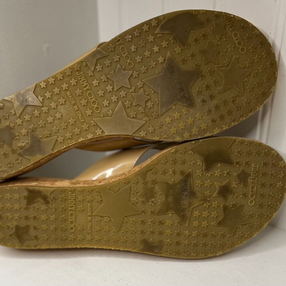 Jimmy Choo Beige Patent Cork Wedge Flip Flops - Picture 3 of 6